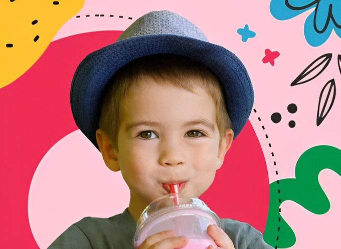 A boy in a hat drinking a smoothie from a straw.