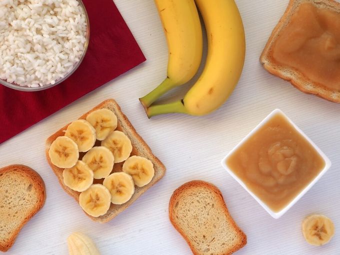 Food that form part of the BRAT diet, i.e. bananas, rice, applesauce, and toast for sick toddlers.