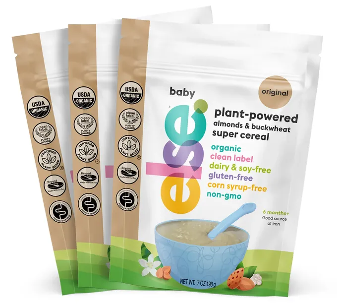 three bags of baby plant powered cereal on a white background