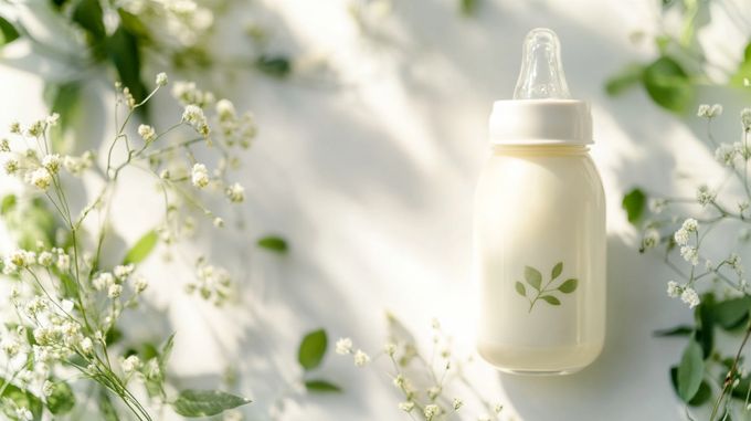a baby bottle with a green leaf on it