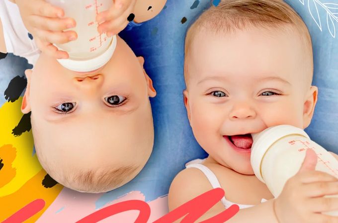 a baby drinking from a bottle next to another baby