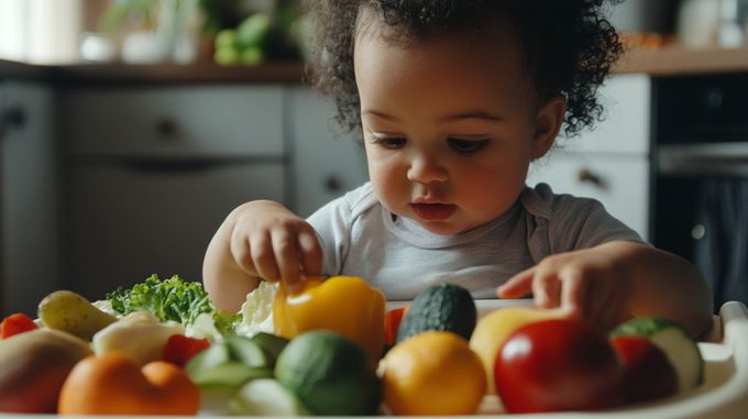 a young child sitting in front of a plate of vegetables.