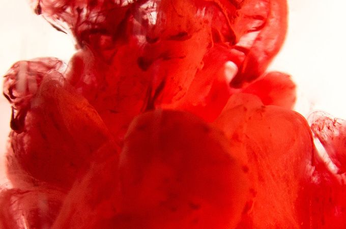 a close up of a red substance with a white background