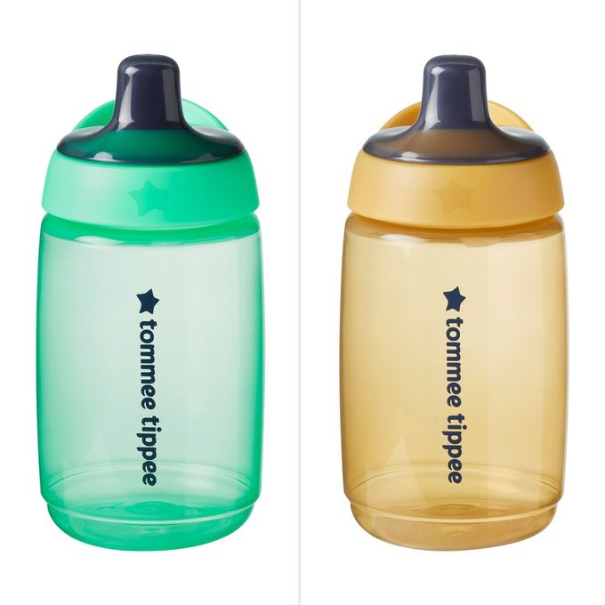 two water bottles with different colors and designs