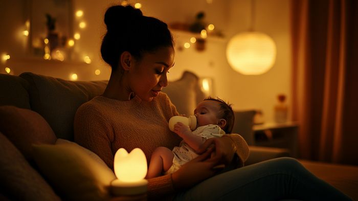 A woman sitting on a couch holding a baby.