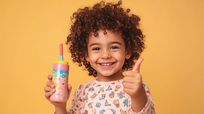 a little girl giving a thumbs up while holding a protein shake