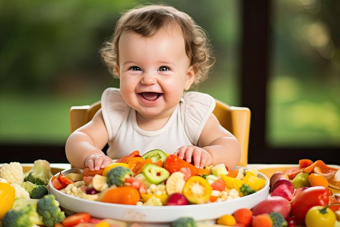 a smiling baby sitting in front of a bowl of vegetables