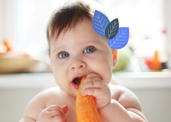 A baby is chewing on a piece of carrot.