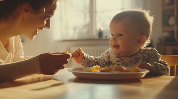 a woman feeding a baby food with a spoon