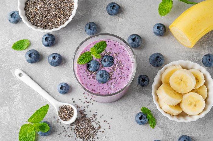 a smoothie with bananas, blueberries and chia seeds