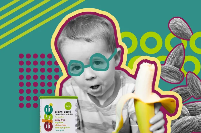 a young boy holding a banana next to a package of food