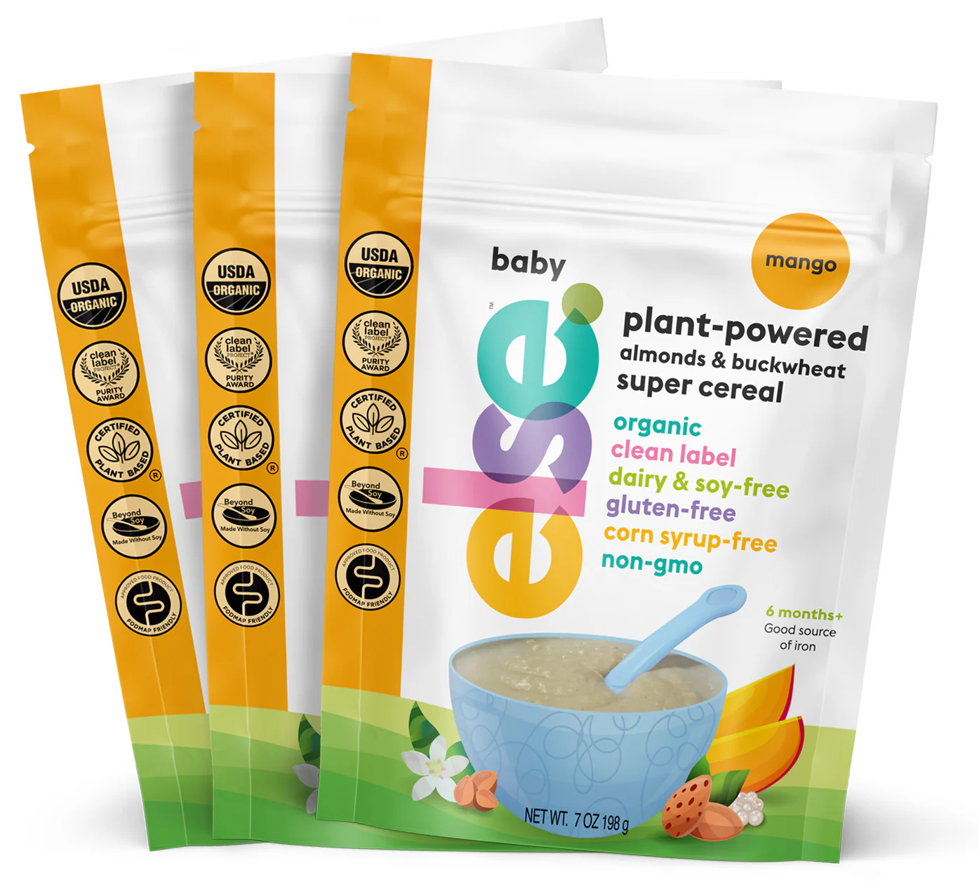 three bags of baby plant - powered cereal on a white background