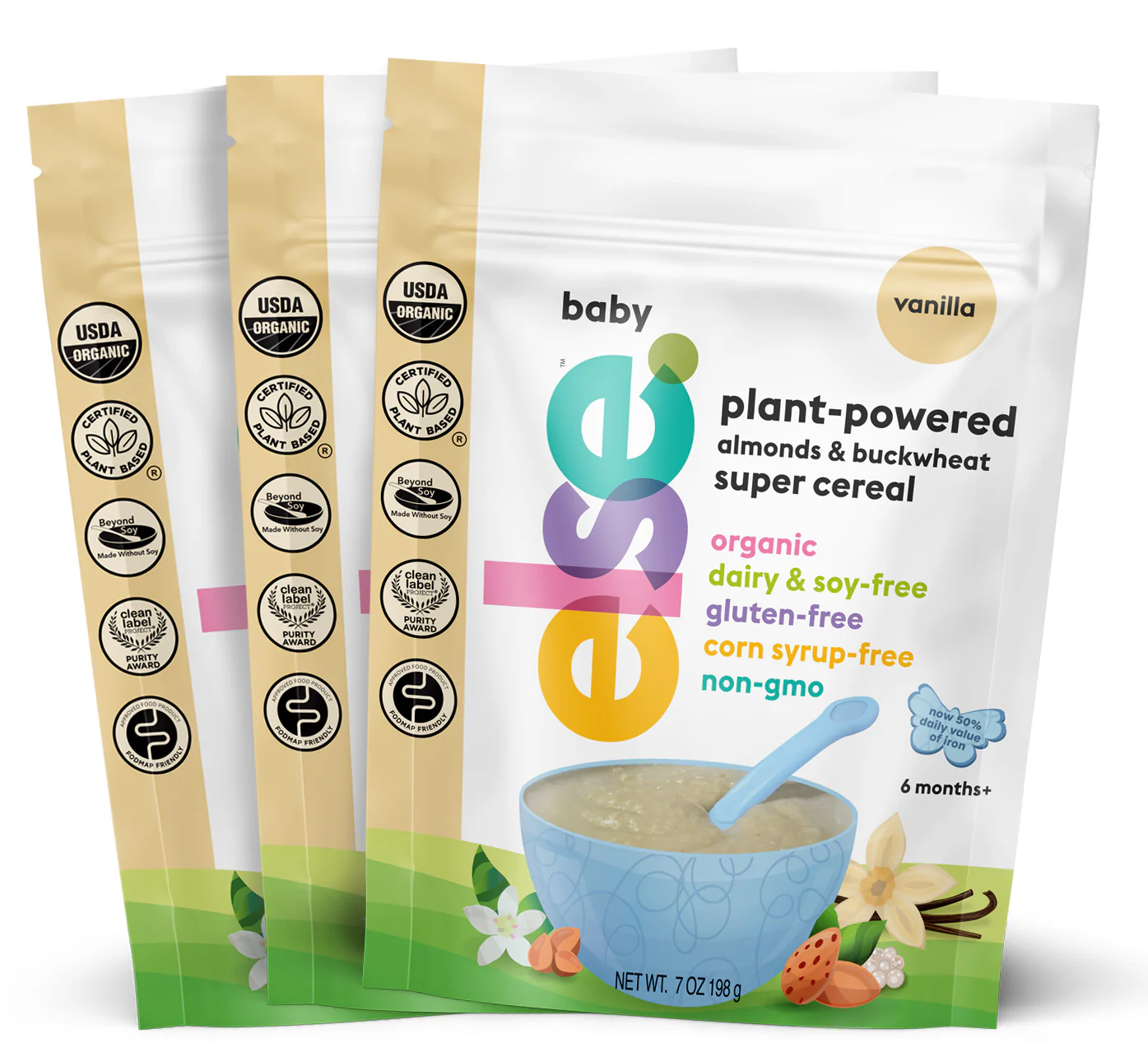 three bags of baby plant powered super cereal