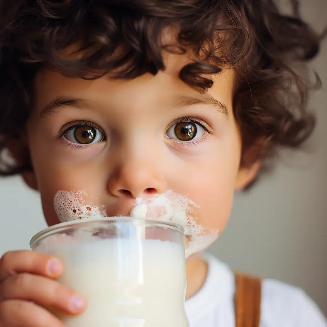 a young boy drinking a glass of milk