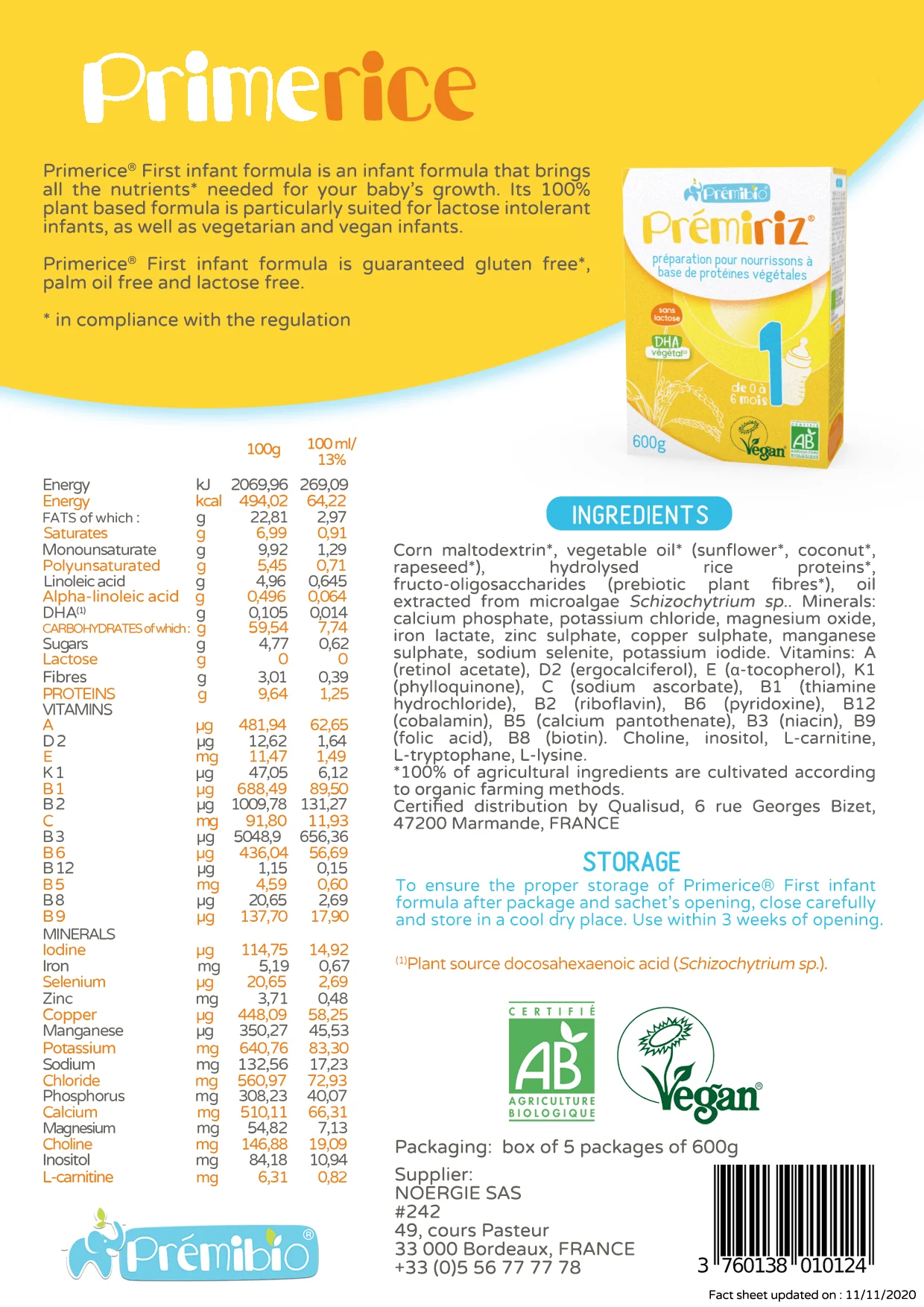 Prémiriz Stage 1 Organic Vegan Baby Formula