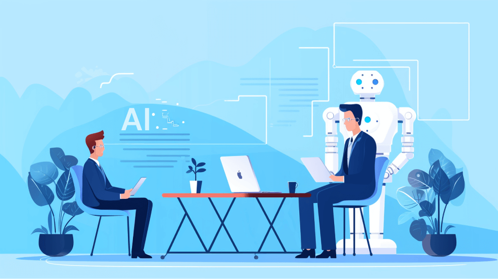 Graphic of two people working on laptops next to a robot