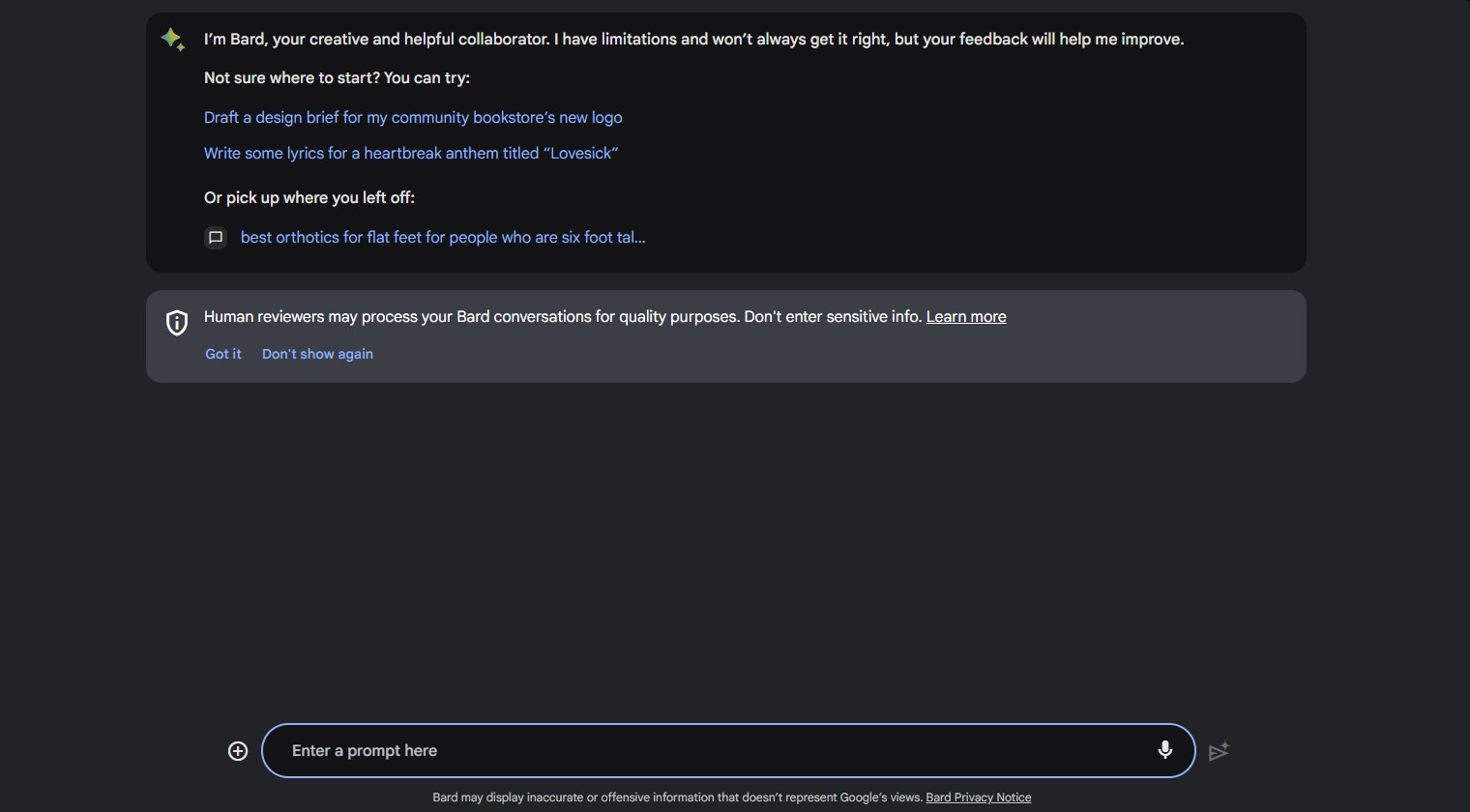 Screenshot of Google bard