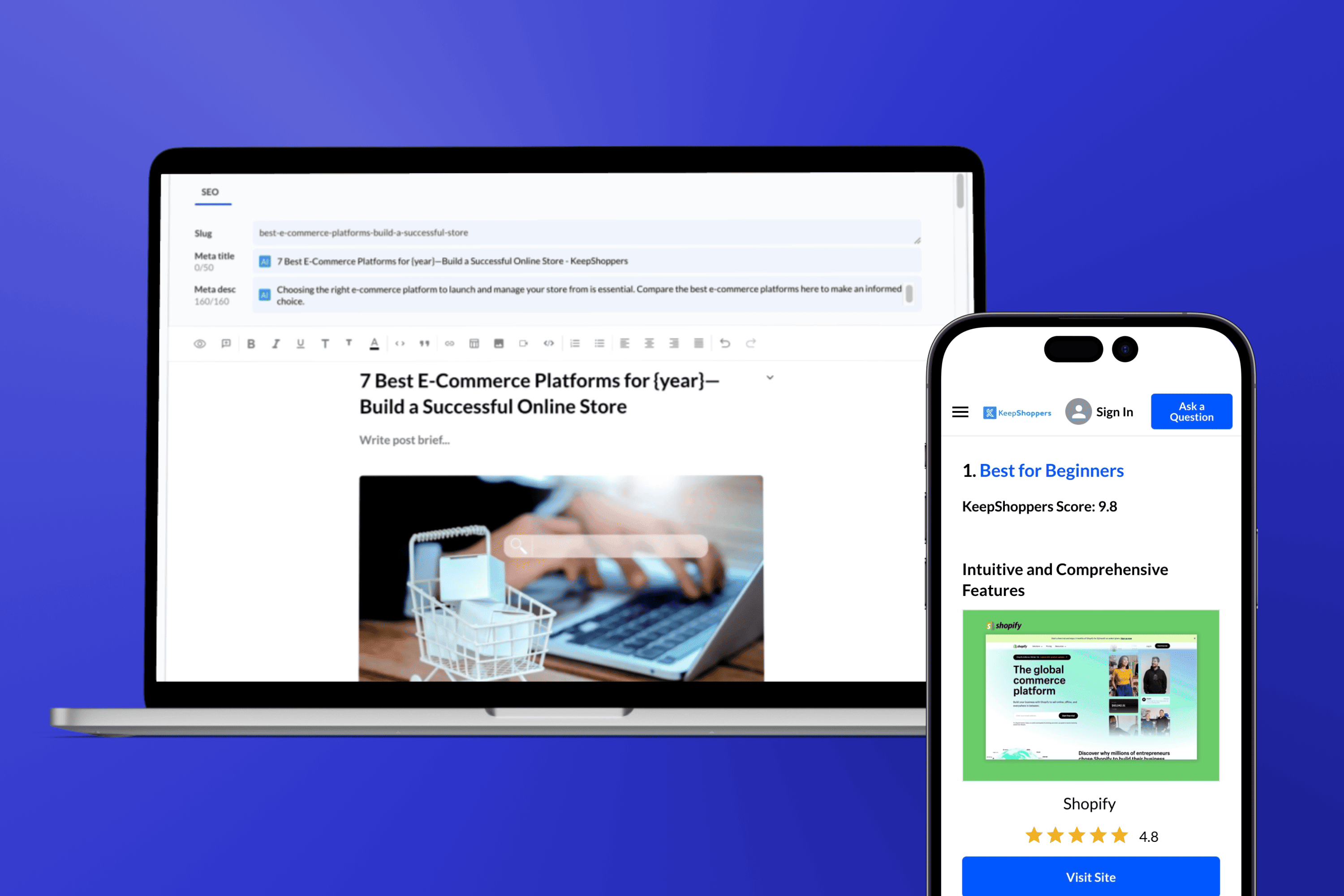 A web and mobile mock-up of website content against a blue background.