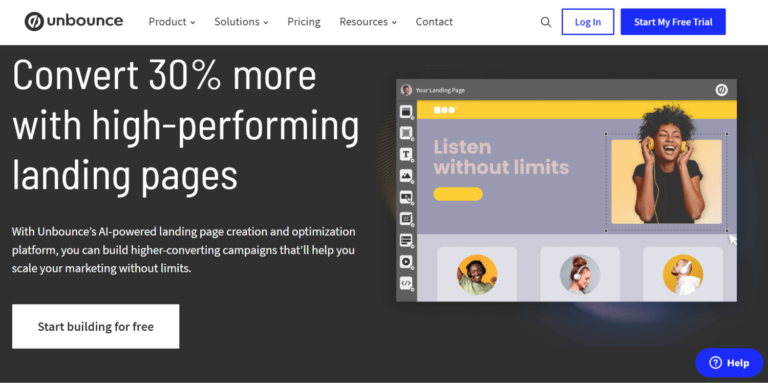 Screenshot of Unbounce's homepage