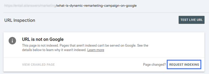 Screenshot showing how to request indexing in Google Search Console