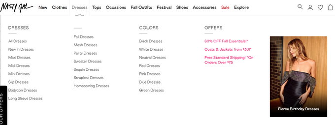 Categories for dresses on Nasty Gal's website