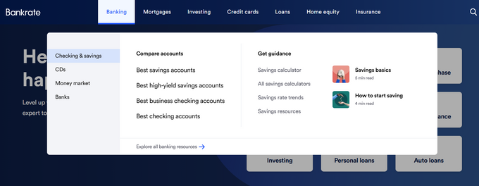 Screenshot of how Bankrate separates their content into verticals