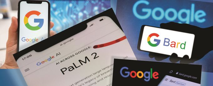 Google logos with PaLM2 logo and Bard logo - collage