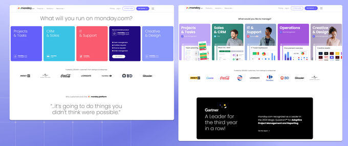 Two different versions of Monday.com's homepage