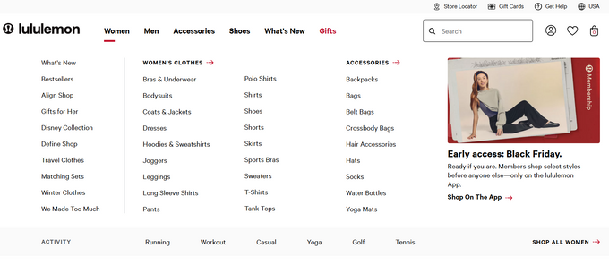 Lululemon's e-commerce site navigation menu