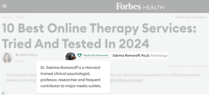 Screenshot of Forbes article on best online therapy services with the expert creator highlighted