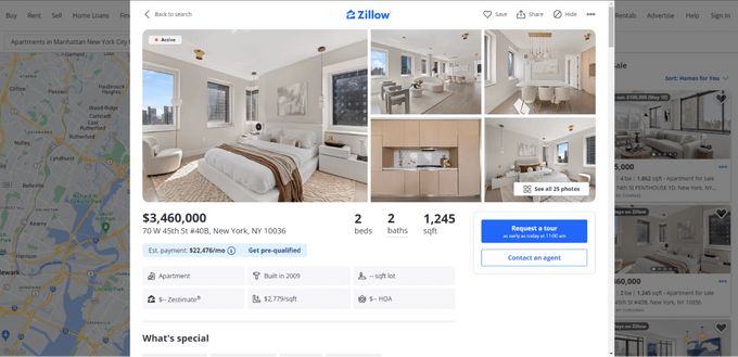 Screenshot of Zillow listings for houses in New York