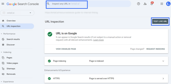 Screenshot of Google Search Console's URL inspection tool