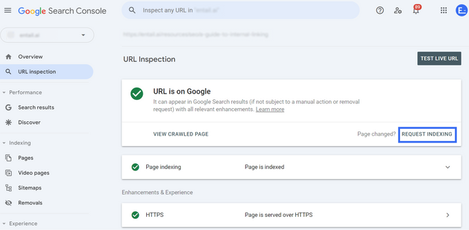 Screenshot of how to request indexing on Google Search Console