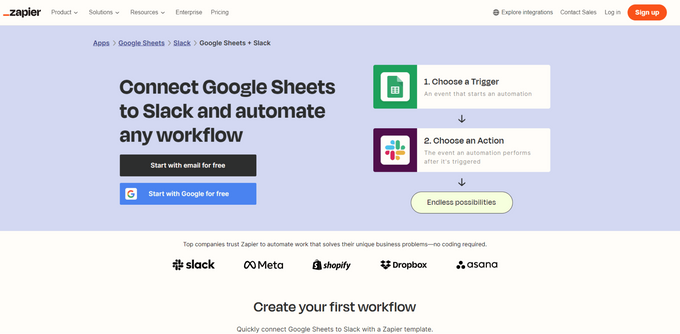 Screenshot of a Zapier page on integrating Google Sheets and Slack