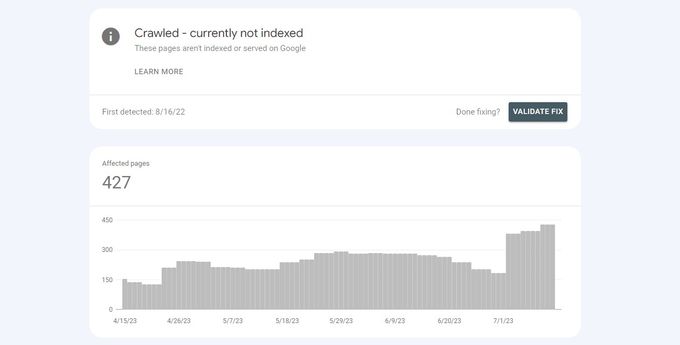 Screenshot of "Crawled - currently not indexed" on Google Search Console