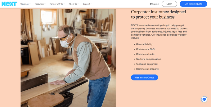 A screenshot of Next Insurance's Carpenter insurance page with a man cutting a wood board