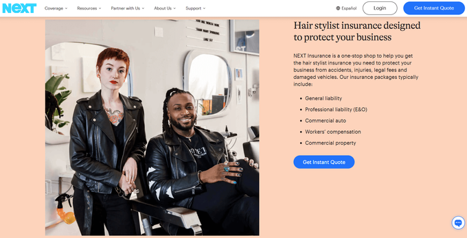 A screenshot of Next Insurance's hair stylist insurance page