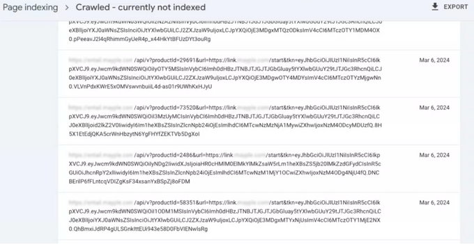 Screenshot of unindexed API pages on Google Search Console