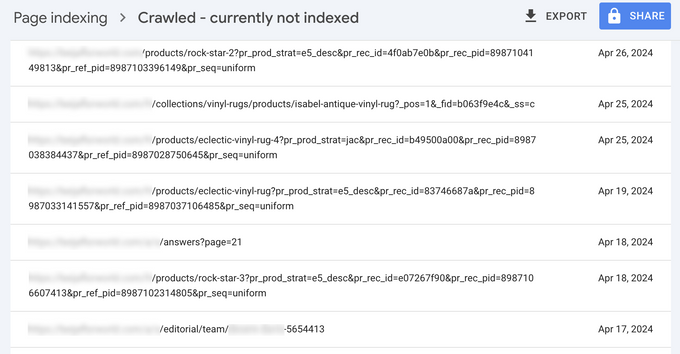 Screenshot of "crawled - currently not indexed" pages with URL parameters
