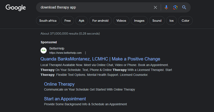 Screenshot of SERP when searching for "download therapy app" to display search query with transactional intent
