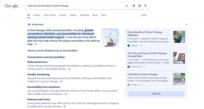 Google SERP showing an AI overview for the query "What are the benefits of online therapy?"