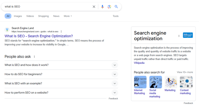 Screenshot of Google's Knowledge Graph for the keyword "what is SEO"