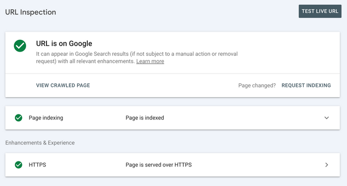 Google Search Console's URL inspection tool showing a page is indexed