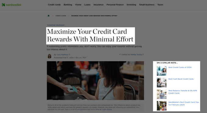 Screenshot of a NerdWallet article with relevant internal links relating to credit cards