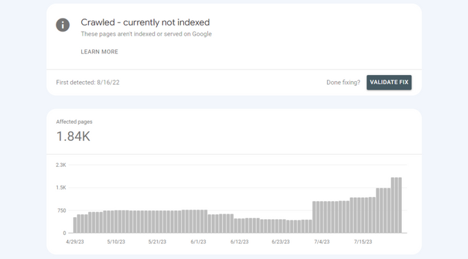 Screenshot of "Crawled - currently not indexed" on Google Search Console