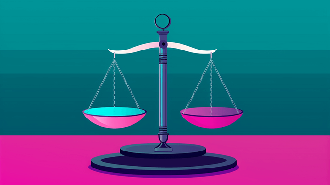 a balance scale with a pink and blue bowl on it