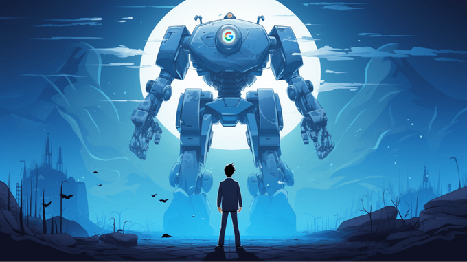 Graphic of a man standing in front of a giant robot representing Google