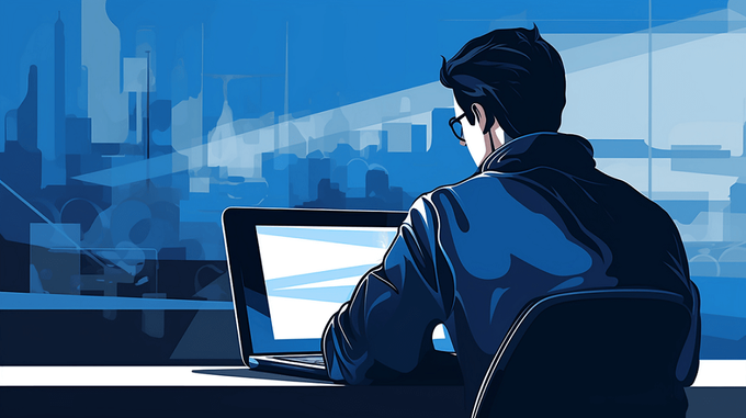 Graphic of a man sitting in front of a laptop