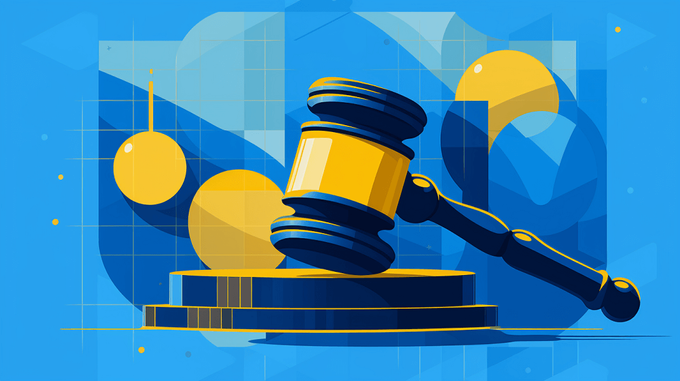 Graphic of a judge's gavel on a blue background