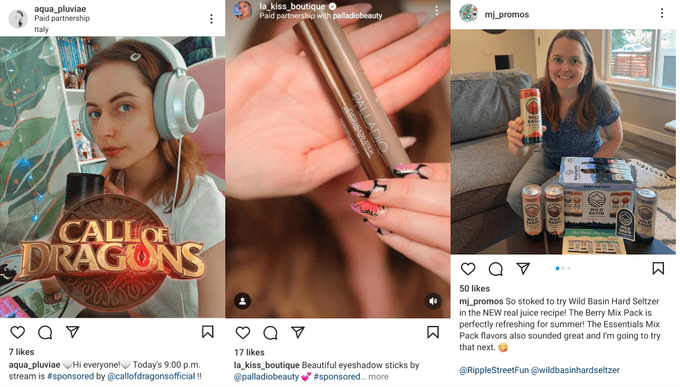 Screenshots of influencers doing sponsored post on Instagram